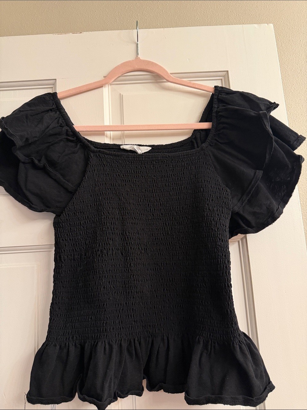 Women's Black Smocked Peplum Top with Ruffle Sleeves